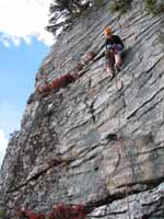 Kristin leading the fun third pitch of RMC. (Category:  Rock Climbing)