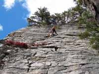 Kristin leading the fun third pitch of RMC. (Category:  Rock Climbing)