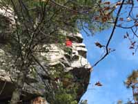 Leading the traverse on the direct variation to the third pitch of Thin Slabs. (Category:  Rock Climbing)