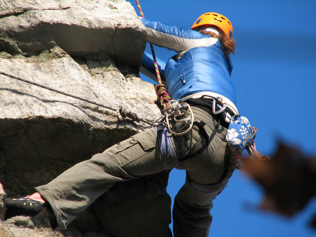 Kristin following Thin Slabs Direct. (Category:  Rock Climbing)