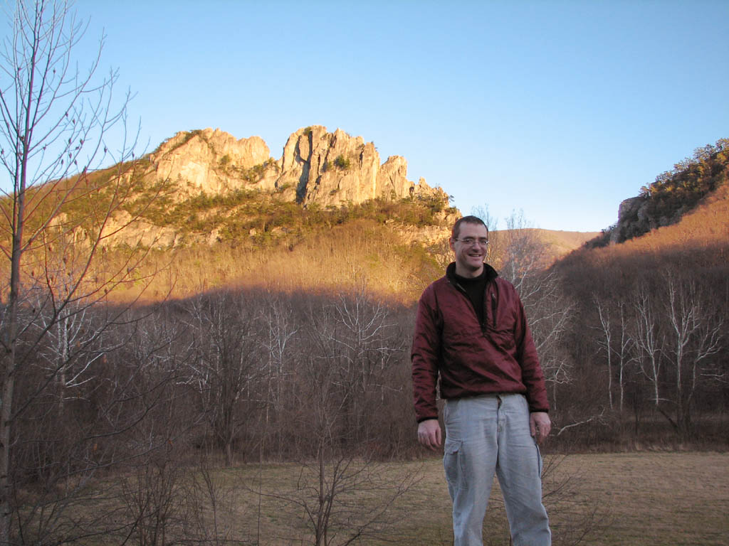 In front of Seneca.  I shaved my head the day before leaving Ithaca so I wouldn't have hair when climbing here and later in Joshua Tree. (Category:  Rock Climbing)