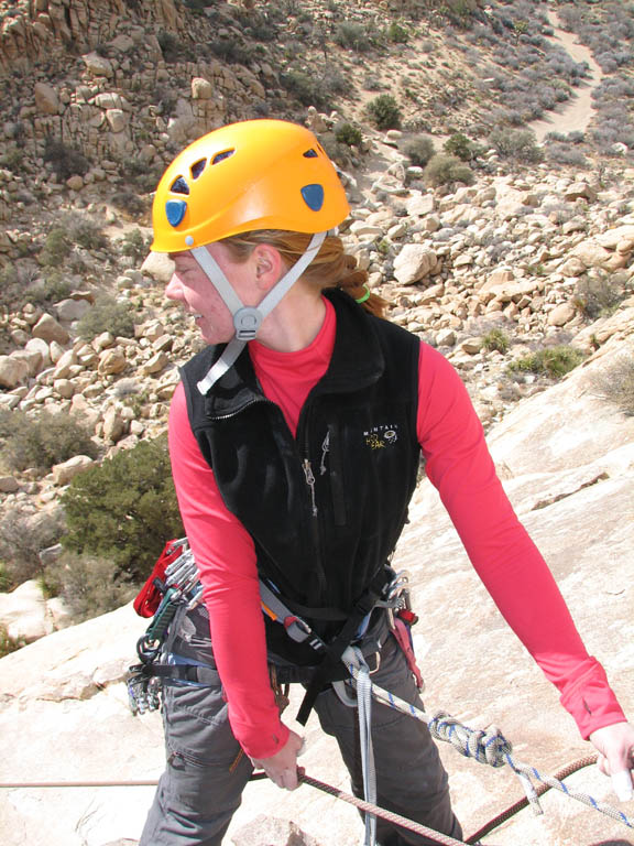 Kristin belaying Aramy up the second pitch of The Swift, Lost Horse Wall. (Category:  Rock Climbing)