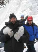 Mark and Paul with Jamie in the background.  Demonstrating why helmets are a good idea when ice climbing. (Category:  Ice Climbing)