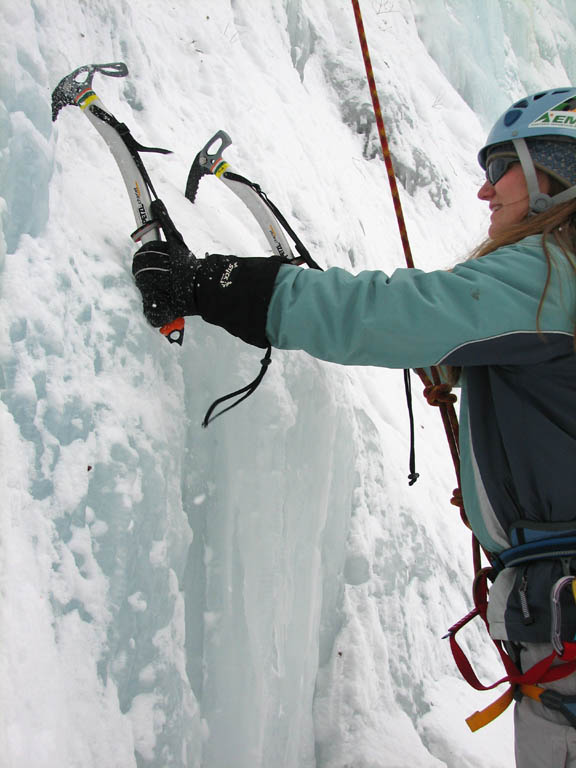 Anna climbing Mate, Spawn and Die. (Category:  Ice Climbing)