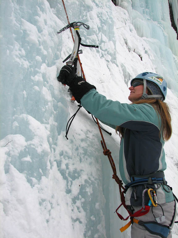 Anna climbing Mate, Spawn and Die. (Category:  Ice Climbing)