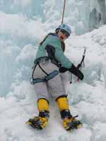 Anna climbing Mate, Spawn and Die. (Category:  Ice Climbing)