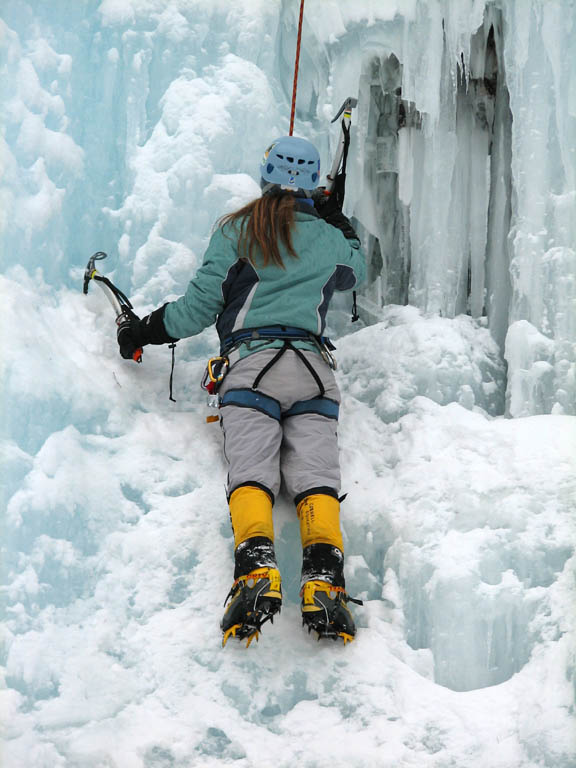 Anna climbing Mate, Spawn and Die. (Category:  Ice Climbing)