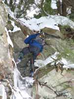 Keith rappelling the mixed section at the top of Mate, Spawn and Die. (Category:  Ice Climbing)