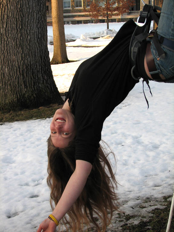 Anna with her new motion lanyard.  Nice sunset on the Arts Quad. (Category:  Tree Climbing)