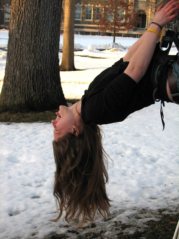 Anna with her new motion lanyard.  Nice sunset on the Arts Quad. (Category:  Tree Climbing)