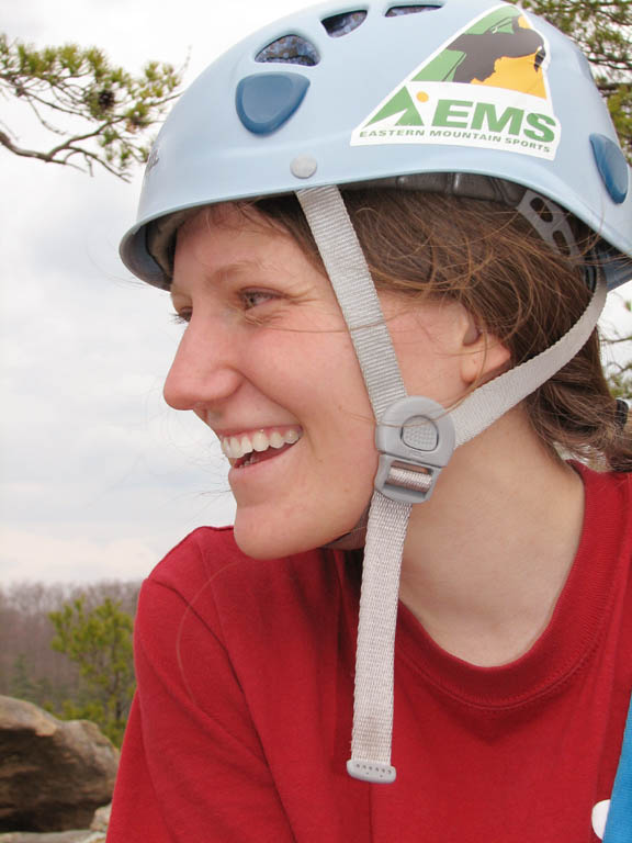 Anna at the top of Bedtime for Bonzo. (Category:  Rock Climbing)