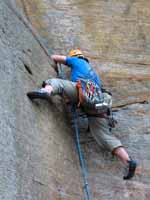 Amanda mock leading Bedtime for Bonzo. (Category:  Rock Climbing)