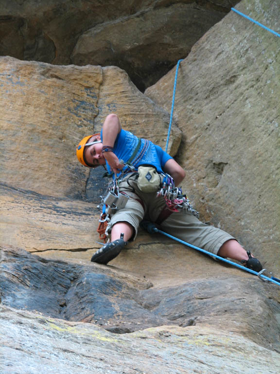 Amanda mock leading Bedtime for Bonzo. (Category:  Rock Climbing)