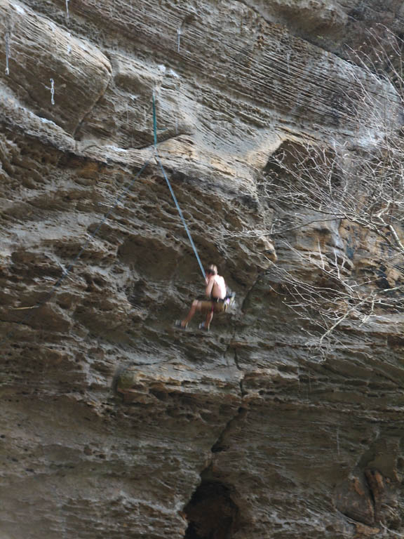 After finishing 40 Ounces of Justice, Kyle had to drop a few bolts down so that he could lower to the ground. (Category:  Rock Climbing)