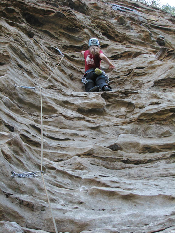 Anna leading Bitter Ray of Sunshine. (Category:  Rock Climbing)