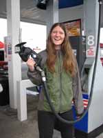 Anna claims this is the first time she has ever pumped gas. (Category:  Rock Climbing)