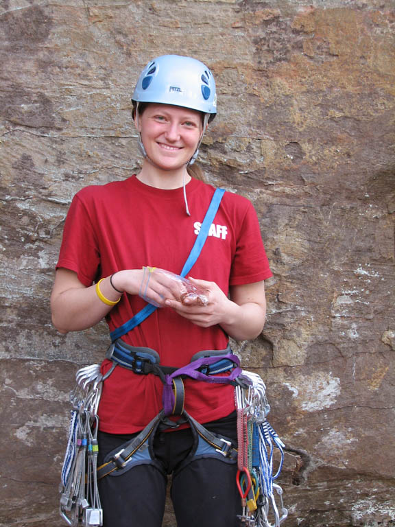 Anna eating some power bits, getting ready to lead Bedtime for Bonzo. (Category:  Rock Climbing)