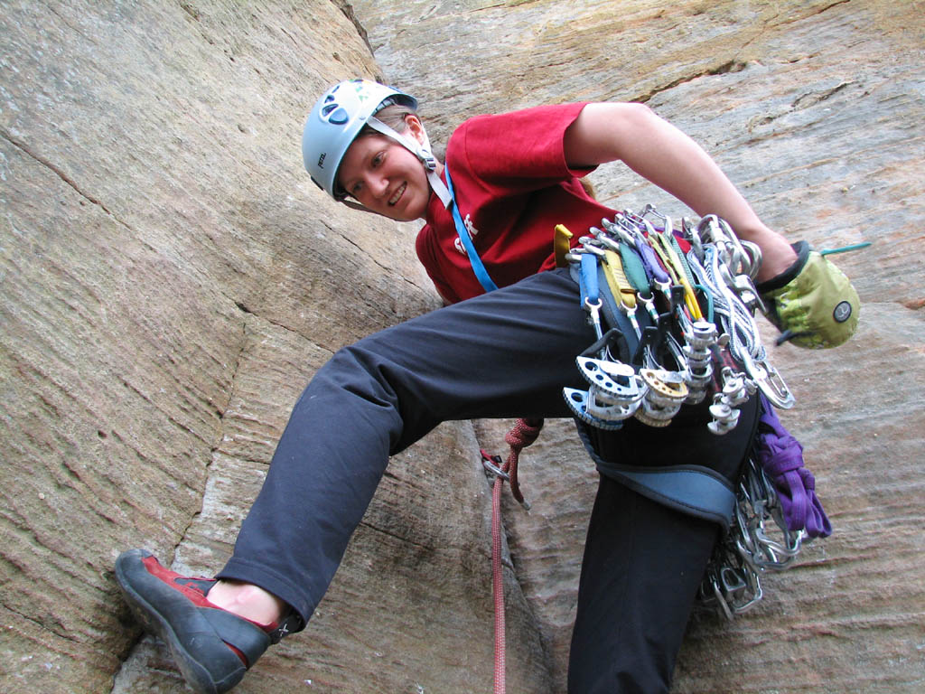 Anna leading Bedtime for Bonzo. (Category:  Rock Climbing)