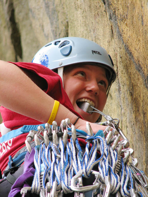 Anna leading Bedtime for Bonzo. (Category:  Rock Climbing)