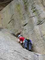 Anna leading Bedtime for Bonzo. (Category:  Rock Climbing)