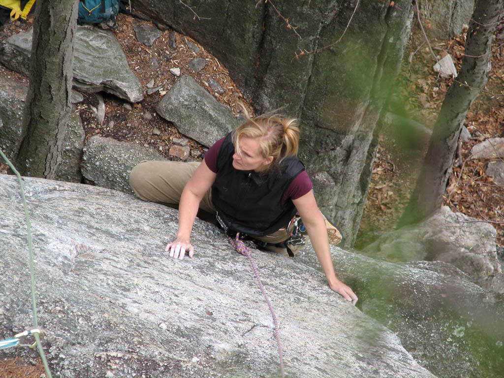 Susanna working the 5.9 variation of Dennis. (Category:  Rock Climbing)