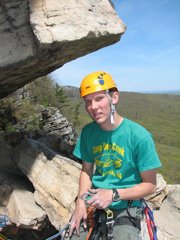 Keith on the High Exposure ledge. (Category:  Rock Climbing)