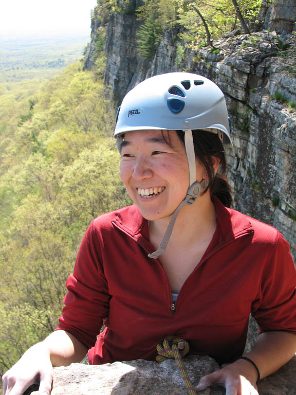 Iori reaching the High Exposure ledge. (Category:  Rock Climbing)