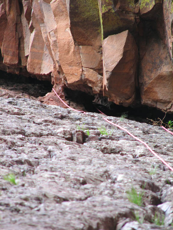 The rock column we slung to rappel the approach slab. (Category:  Rock Climbing)