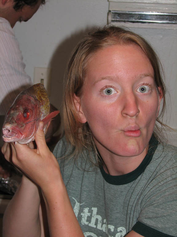Becky and the fish.  These pictures crack me up. (Category:  Rock Climbing)