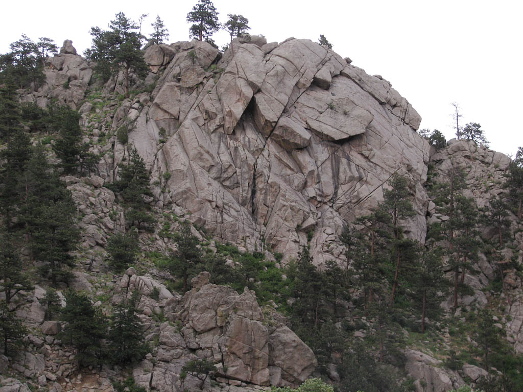 The Dome.  East Slab is on the far right and stays right of the huge block. (Category:  Rock Climbing)