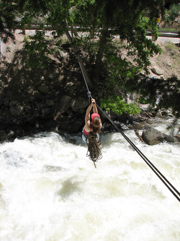 Tina doing the Tyrolean across Boulder Creek to get to Cob Rock. (Category:  Rock Climbing)