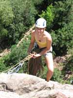 Margo at the first belay on The Bomb. (Category:  Rock Climbing)