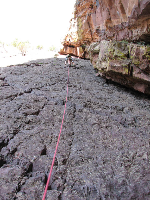 Alana most of the way up the approach slab we simulclimbed to the start of Ruper. (Category:  Rock Climbing)