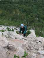 Anna on the approach, which is a pretty nasty talus field.  We went right over the remnants of New Hampshire's (Category:  Rock Climbing)