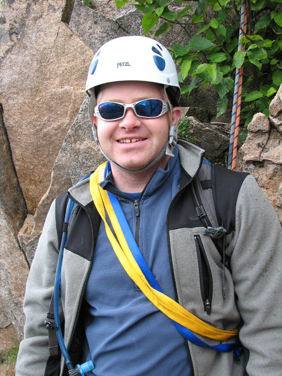 Larry at a belay ledge.  Larry and Tony were the party ahead of us, so we had lots of opportunities to chat (Category:  Rock Climbing)