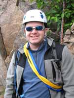 Larry at a belay ledge.  Larry and Tony were the party ahead of us, so we had lots of opportunities to chat (Category:  Rock Climbing)