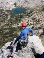 Morri at the summit of Cathedral Peak. (Category:  Rock Climbing)