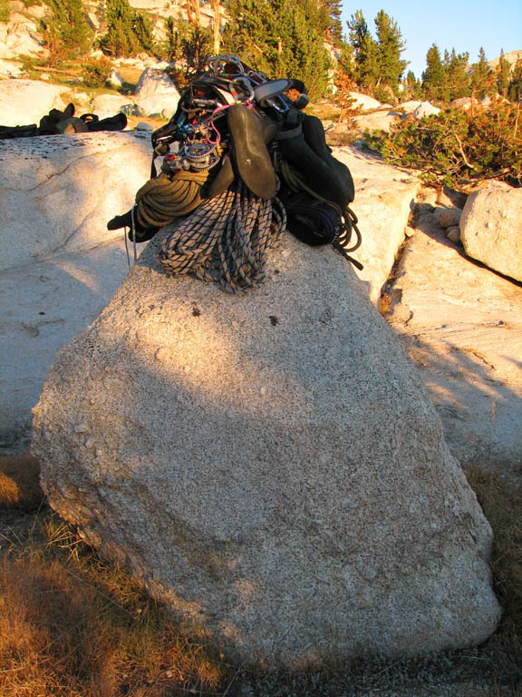 This is our 'Please, Marmots, don't chew on our climbing gear' pile.  They could climb the boulder if (Category:  Rock Climbing)