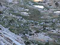 Looking down at our bivy site from the start of the climb. (Category:  Rock Climbing)