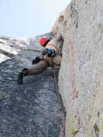 Morri leading the 5.9 variation of P2 on Northwest Books. (Category:  Rock Climbing)