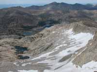 View to the north of the summit of Conness.  The Conness glacier is below.  Note that the geology changes (Category:  Rock Climbing)