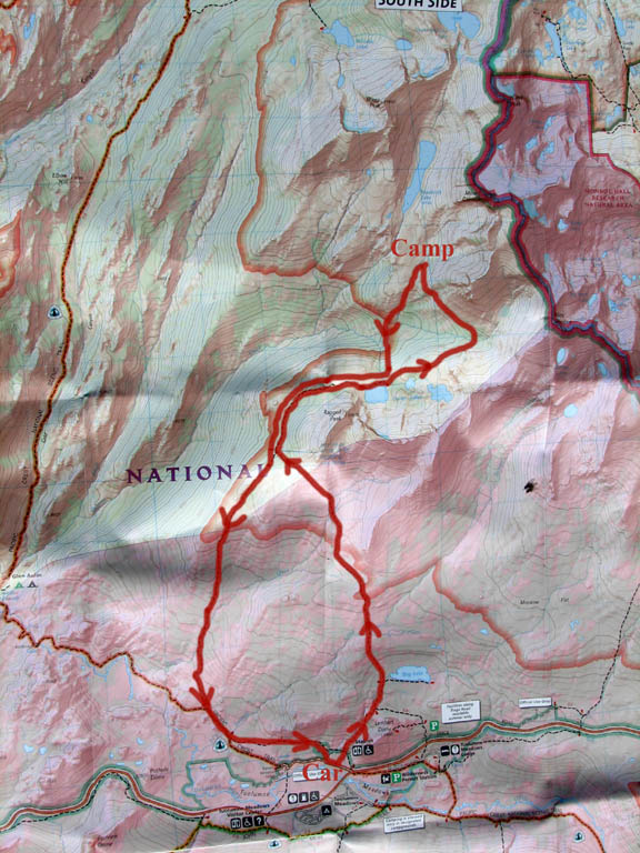 Our hike from trailhead to bivy site and back.  We did a loop -- hardly retracing any of our steps. (Category:  Rock Climbing)