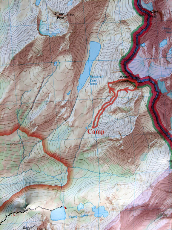 Route from our bivy site to the base of West Ridge, up and over the summit, then back down to the bivy site. (Category:  Rock Climbing)