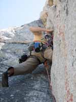 Morri leading the 5.9 variation of P2 on Northwest Books. (Category:  Rock Climbing)