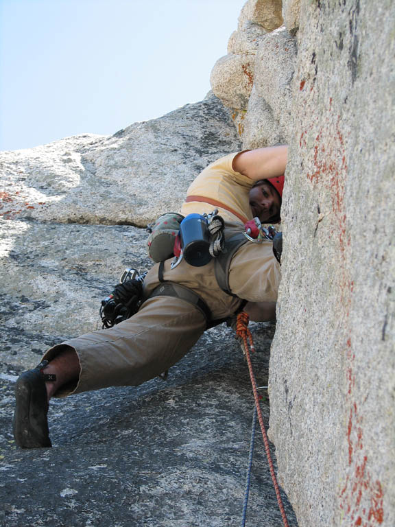 Morri leading the 5.9 variation of P2 on Northwest Books. (Category:  Rock Climbing)