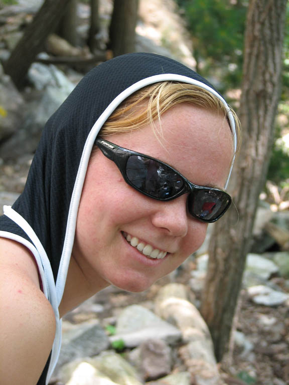 We finish the pictures with Kristin in another of her three tank top hoodies. (Category:  Rock Climbing)