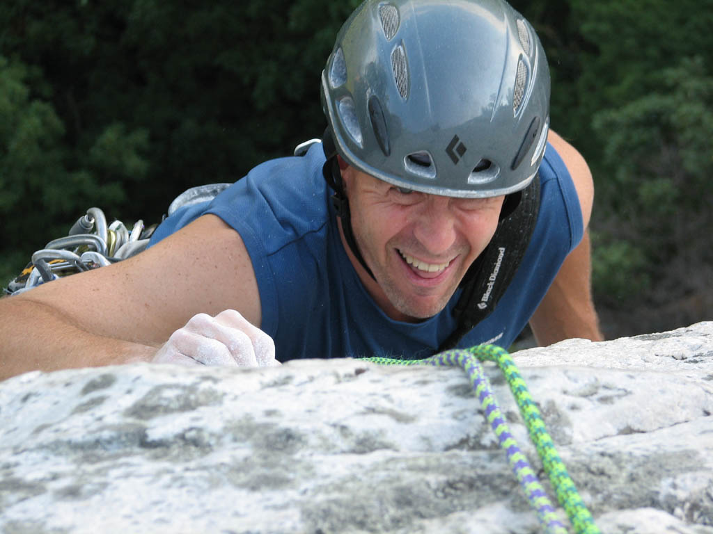 Jim crimping hard on the crux of Arrow. (Category:  Rock Climbing)