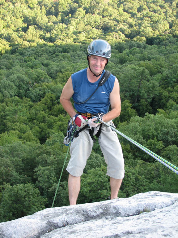 Jim rappelling off Arrow. (Category:  Rock Climbing)