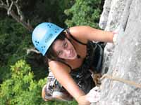 Jennifer following the first pitch of Shockley's Ceiling. (Category:  Rock Climbing)