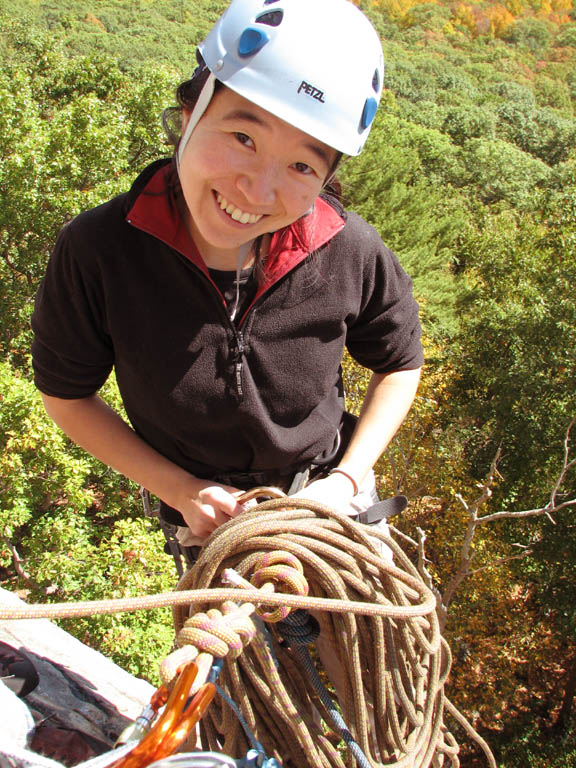 Iori at the first belay on Strictly. (Category:  Rock Climbing)